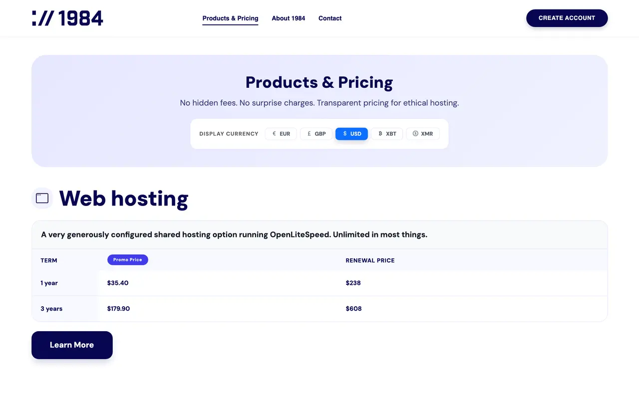 1984 Hosting pricing page - Cloud & Infrastructure SaaS pricing tiers and plans