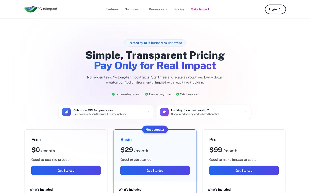 1ClickImpact pricing page - API & Integration SaaS pricing tiers and plans