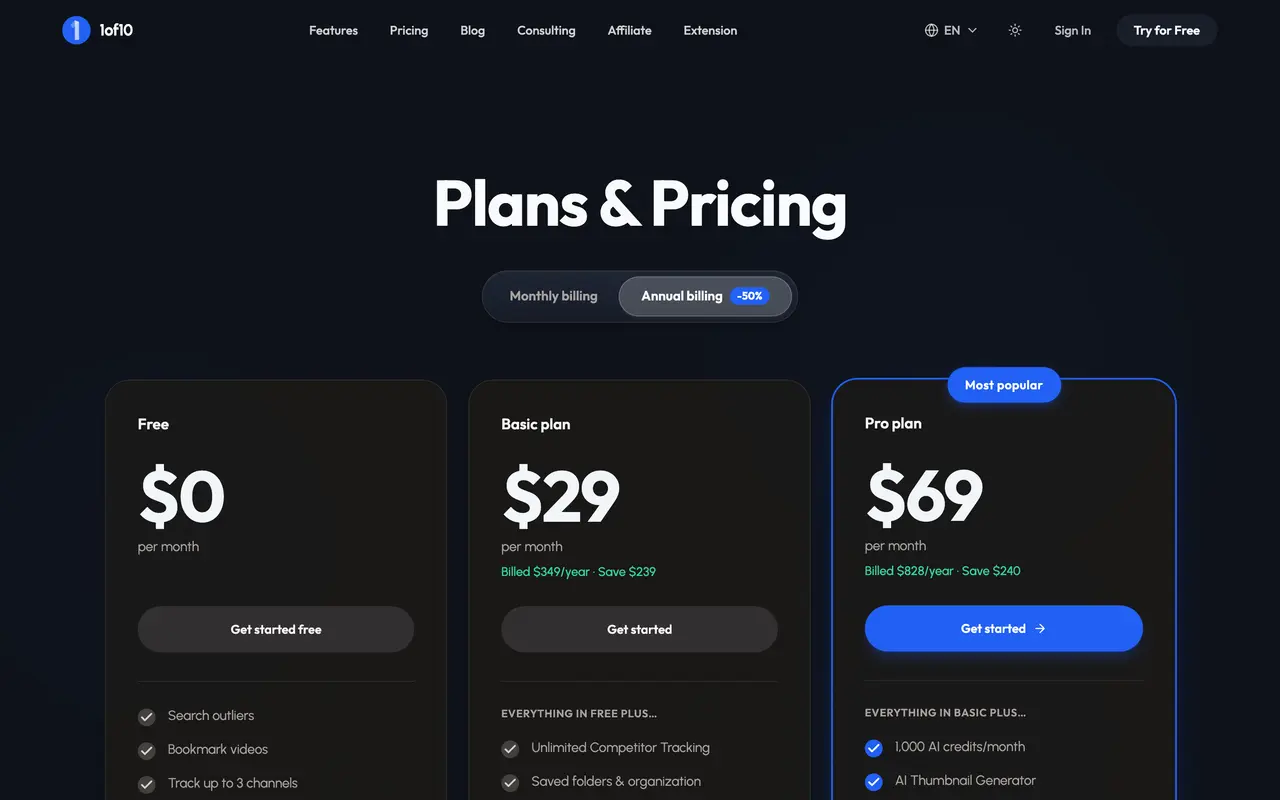 1of10 pricing page - Social Media SaaS pricing tiers and plans