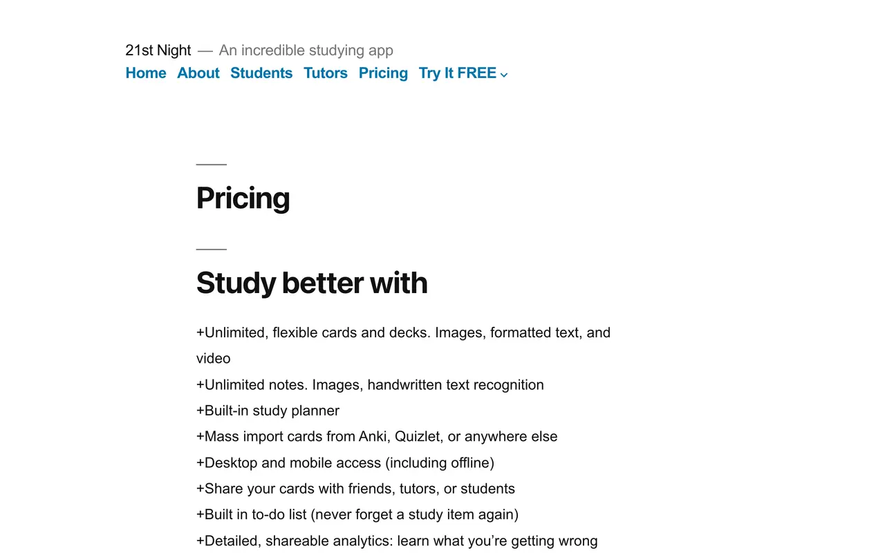 21st Night pricing page - Productivity SaaS pricing tiers and plans