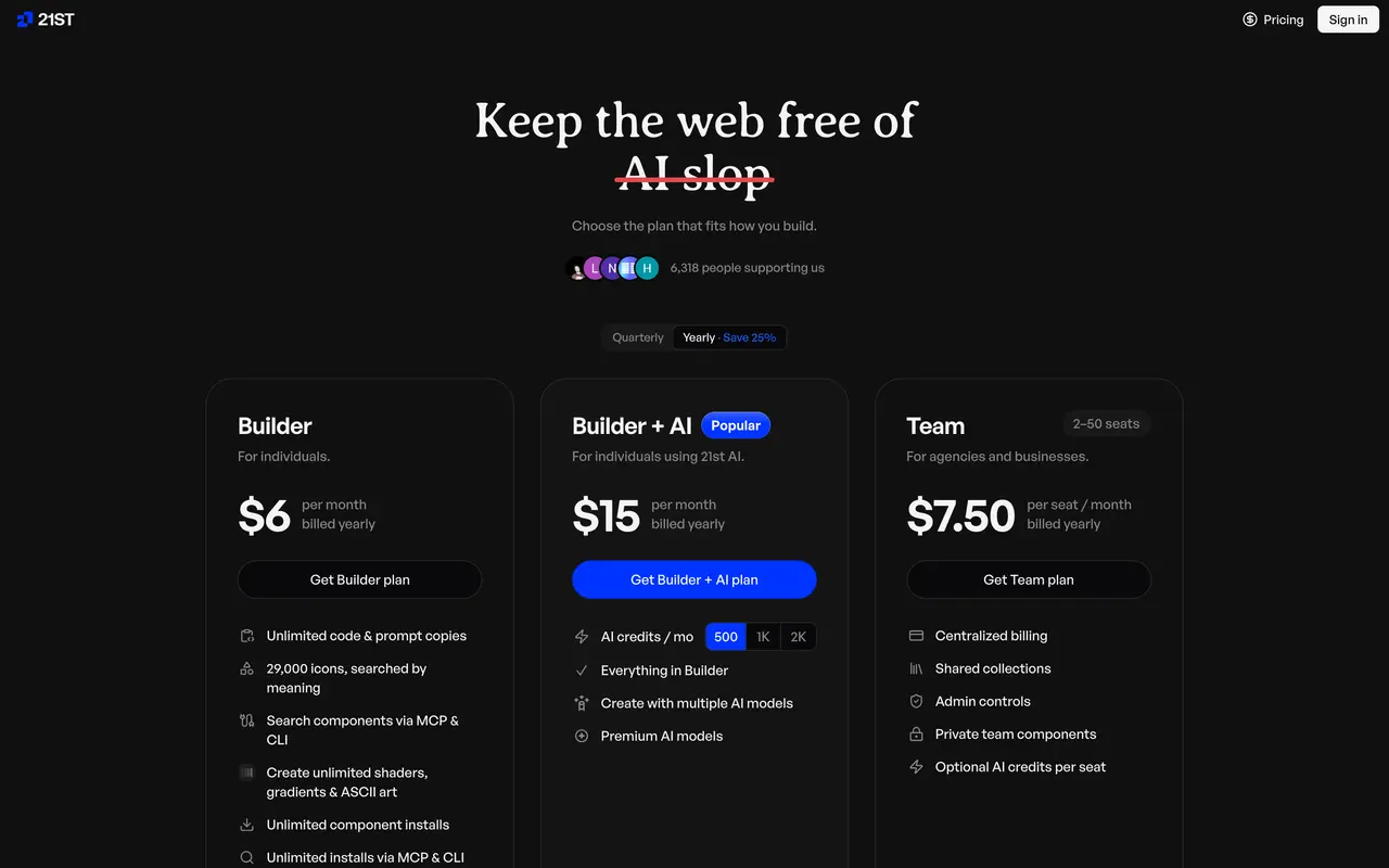 21st pricing page - AI & Machine Learning SaaS pricing tiers and plans