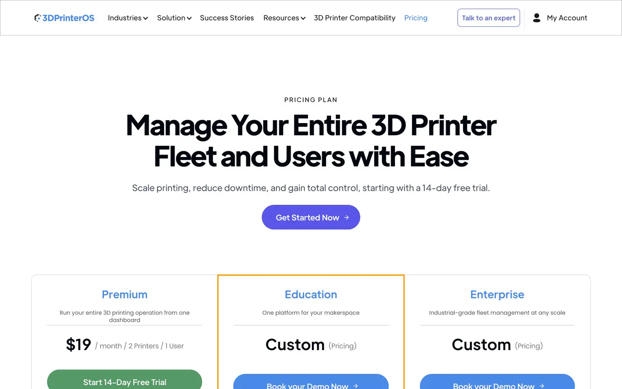 3DPrinterOS pricing page - Cloud & Infrastructure SaaS pricing tiers and plans
