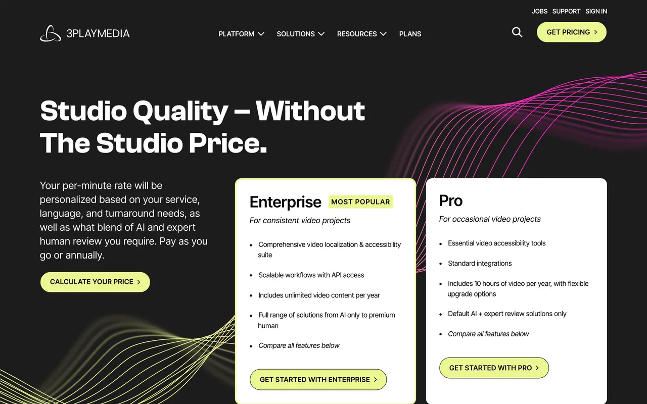3Play Media pricing page - Developer Tools SaaS pricing tiers and plans