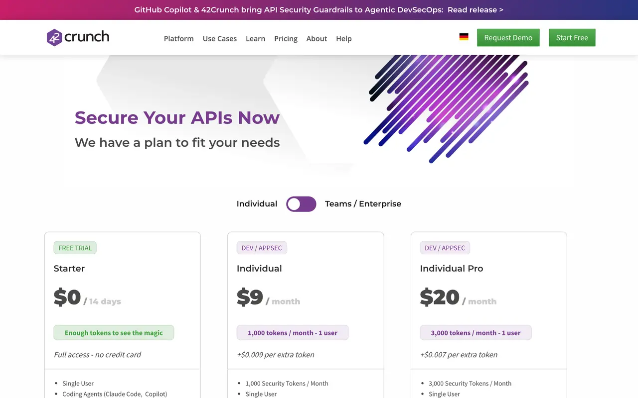 42crunch pricing page - AI & Machine Learning SaaS pricing tiers and plans