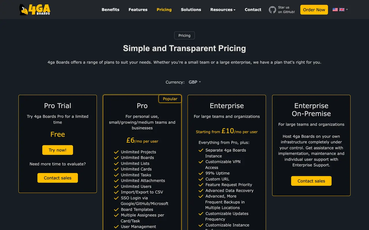 4ga Boards pricing page - Project Management SaaS pricing tiers and plans