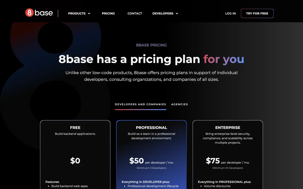 8base pricing page - No-Code & Low-Code SaaS pricing tiers and plans