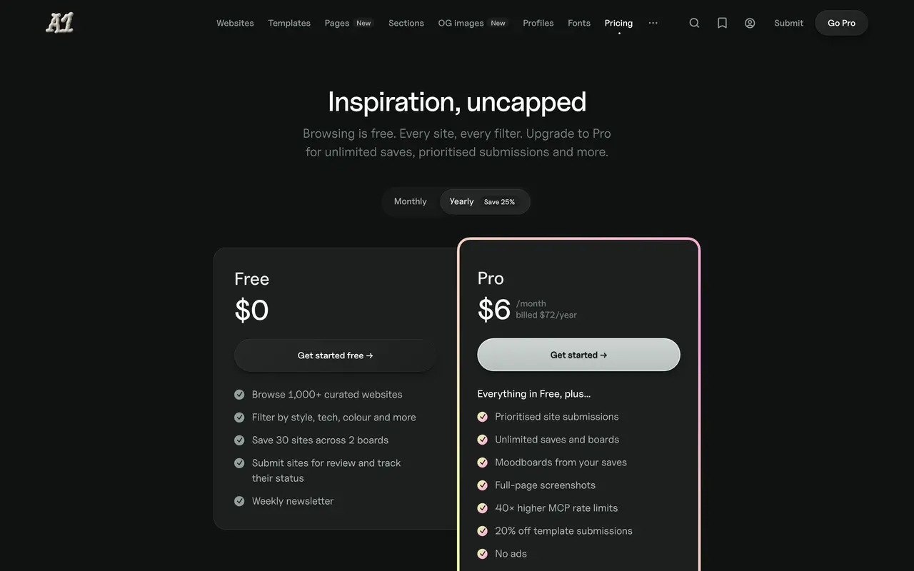 A1 pricing page - Marketing SaaS pricing tiers and plans