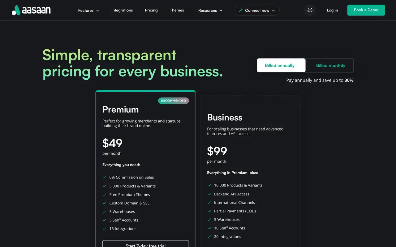 Aasaan pricing page - Website & CMS SaaS pricing tiers and plans