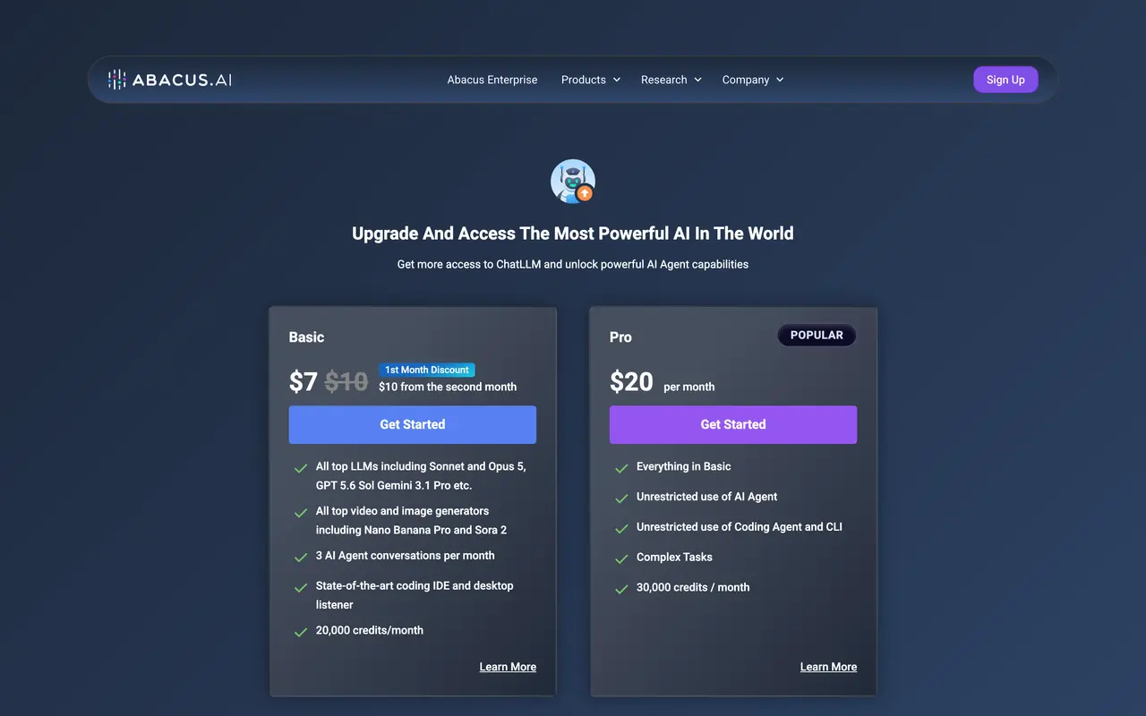 Abacus.AI pricing page - AI & Machine Learning SaaS pricing tiers and plans