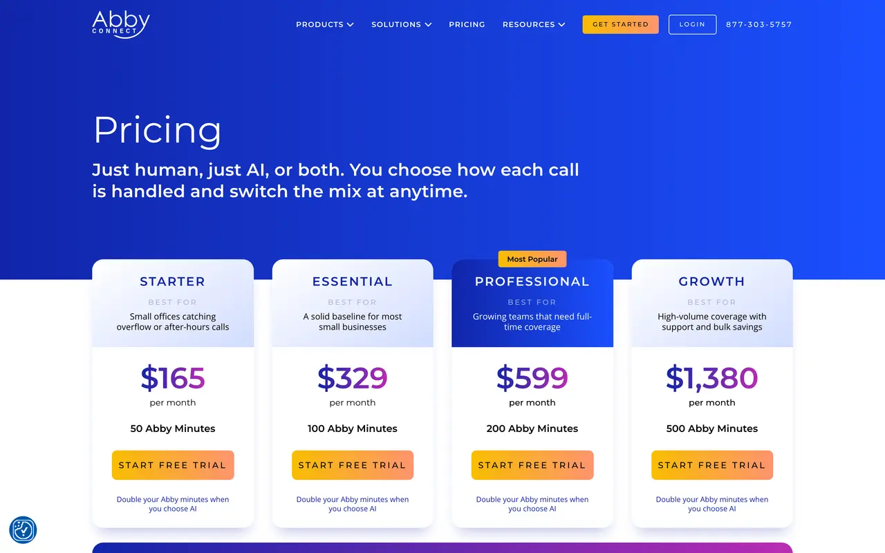 Abby Connect pricing screenshot