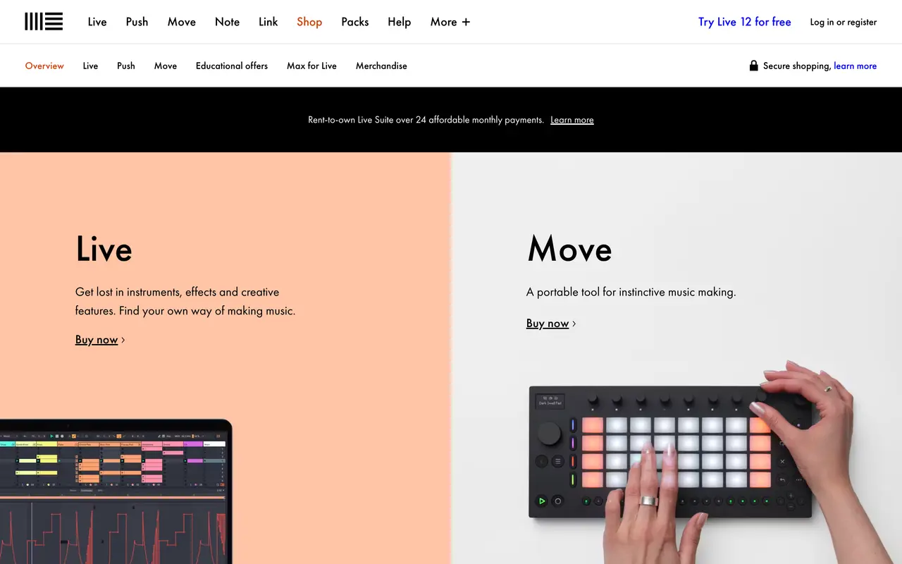 Ableton pricing page - Music SaaS pricing tiers and plans