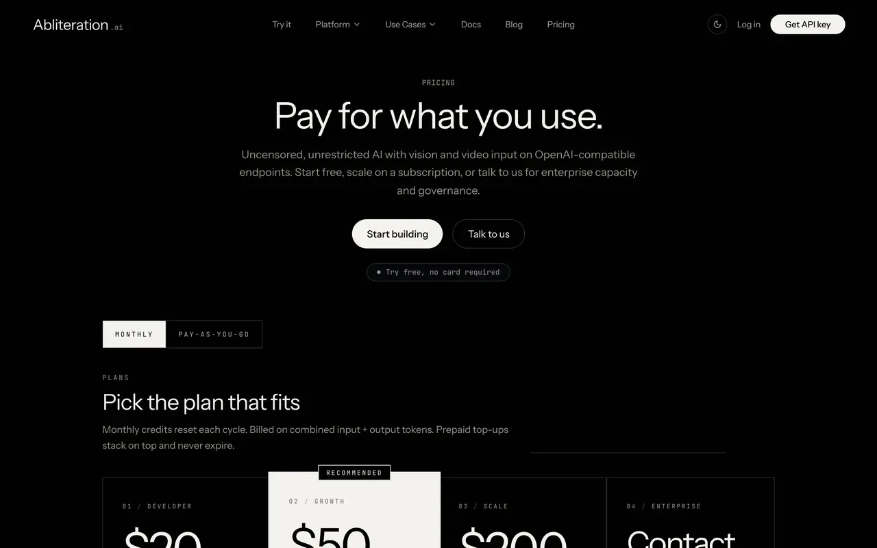 Abliteration pricing page - AI & Machine Learning SaaS pricing tiers and plans