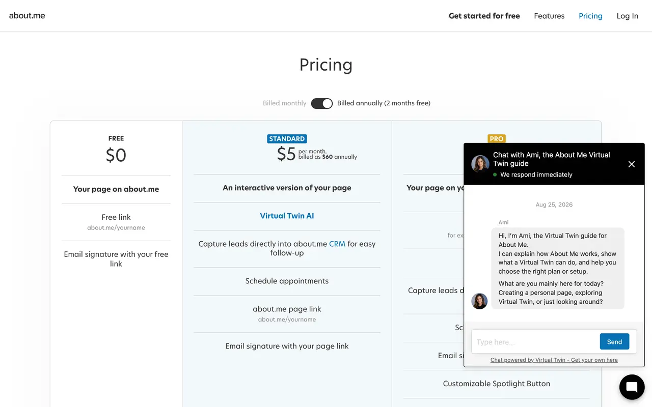 about.me pricing page - Website & CMS SaaS pricing tiers and plans