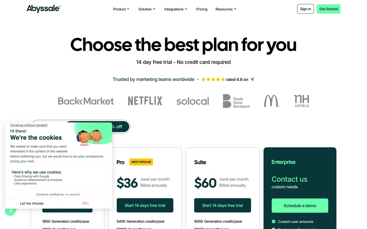 Abyssale pricing page - Design & Creative SaaS pricing tiers and plans