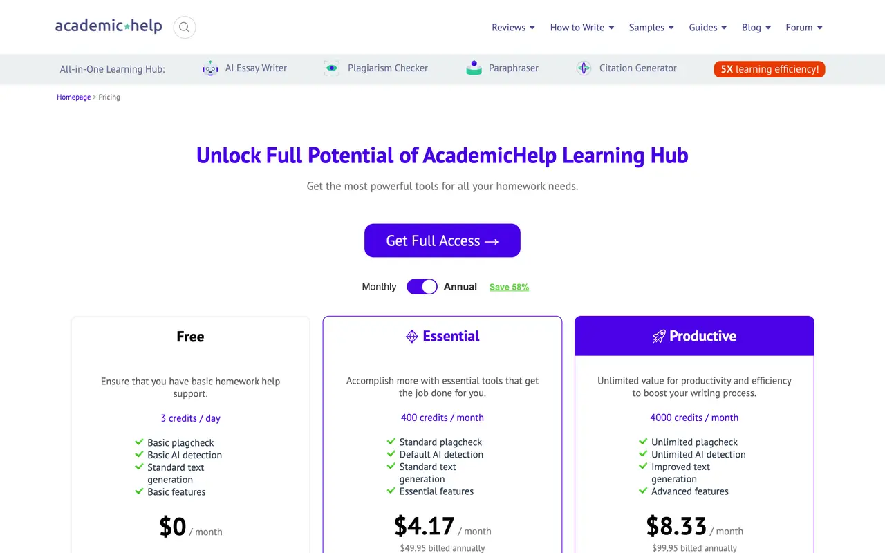 AcademicHelp.net pricing page - Education SaaS pricing tiers and plans