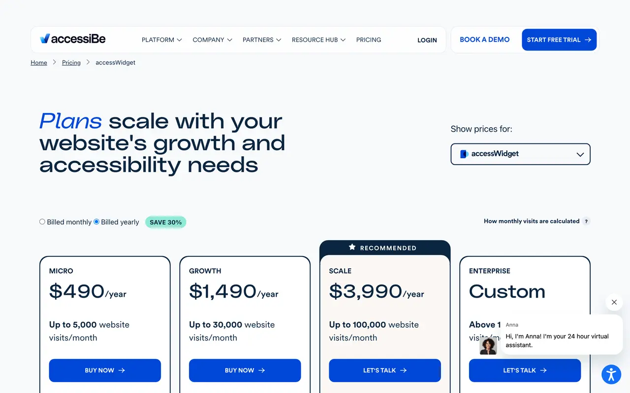 Accessibe pricing page - AI & Machine Learning SaaS pricing tiers and plans
