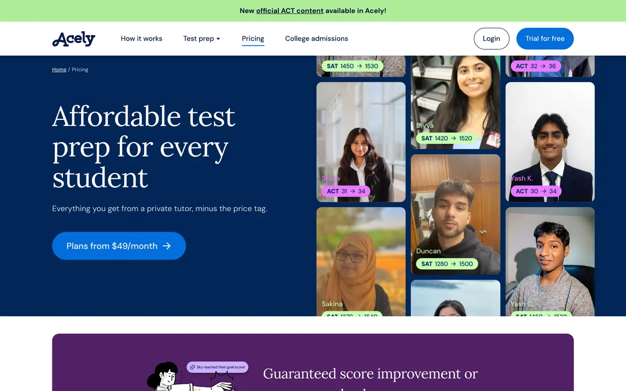 Acely pricing page - Education SaaS pricing tiers and plans