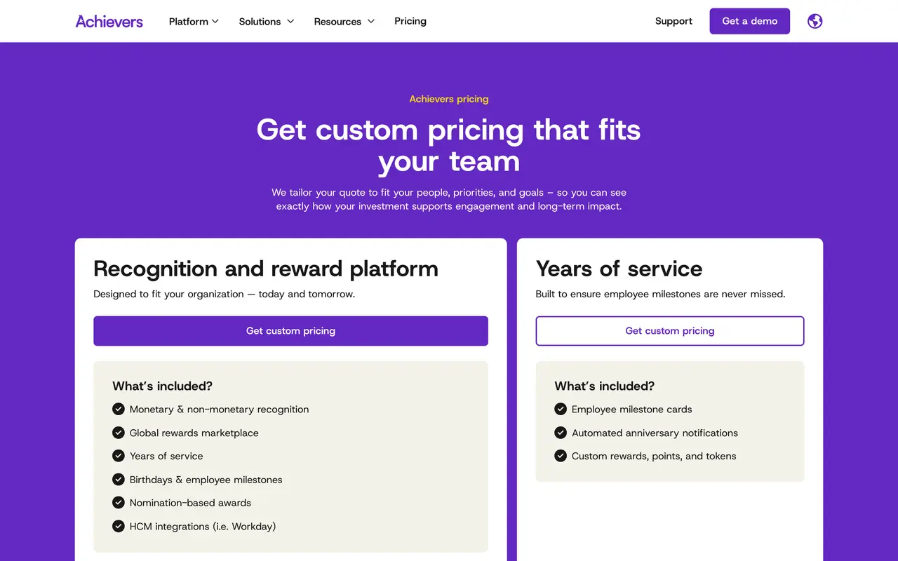 Achievers pricing page - Employee Engagement SaaS pricing tiers and plans