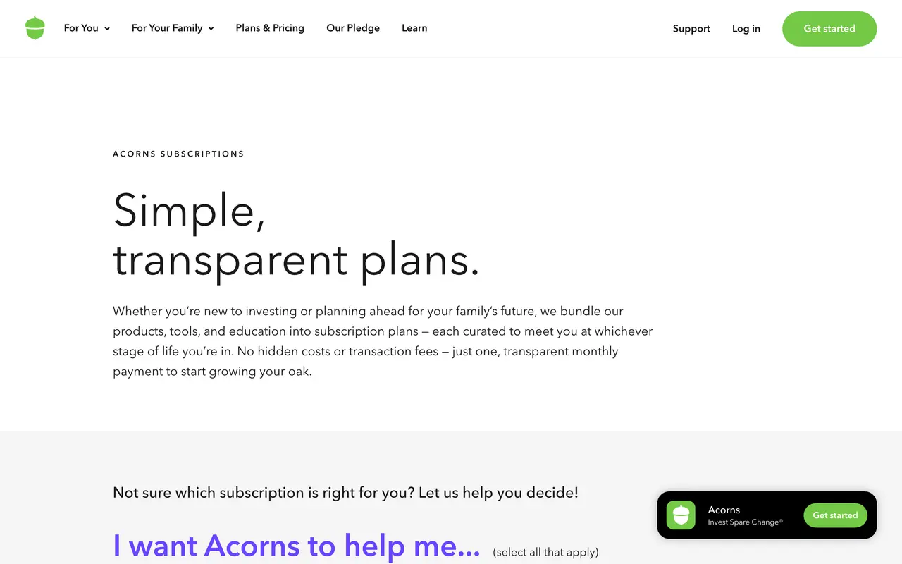 Acorns pricing page - Finance & Accounting SaaS pricing tiers and plans