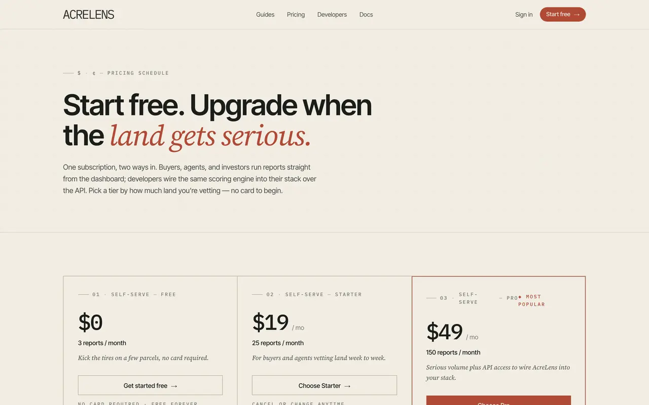 AcreLens pricing page - Analytics & BI SaaS pricing tiers and plans