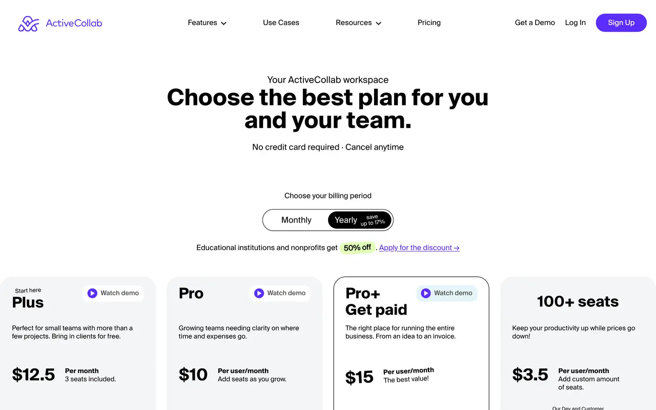 ActiveCollab pricing page - Finance & Accounting SaaS pricing tiers and plans