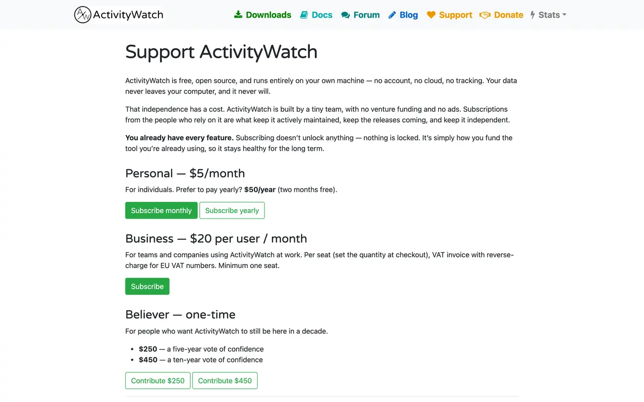 ActivityWatch - Open-source time tracker pricing page - Website & CMS SaaS pricing tiers and plans