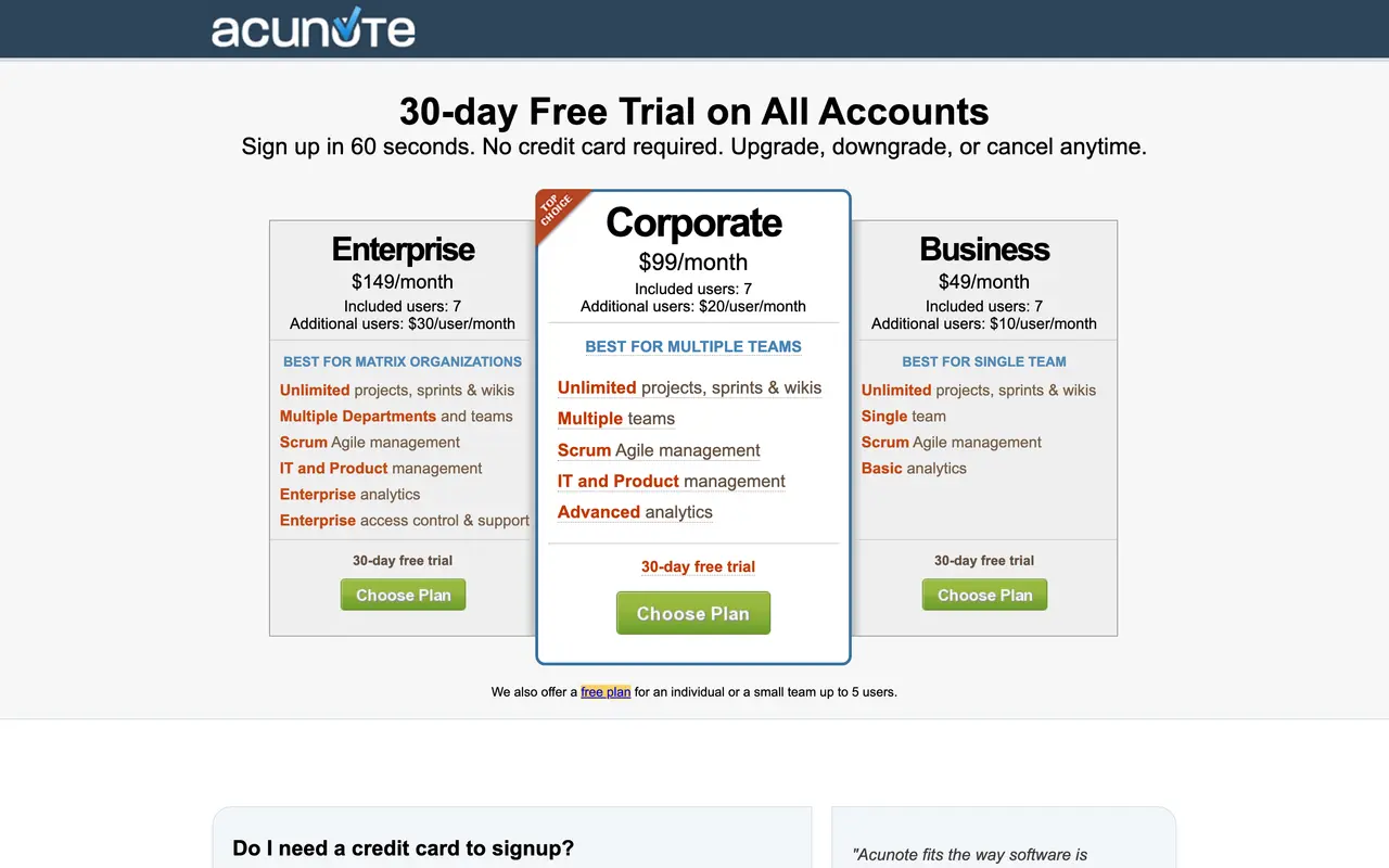 Acunote pricing page - Productivity SaaS pricing tiers and plans