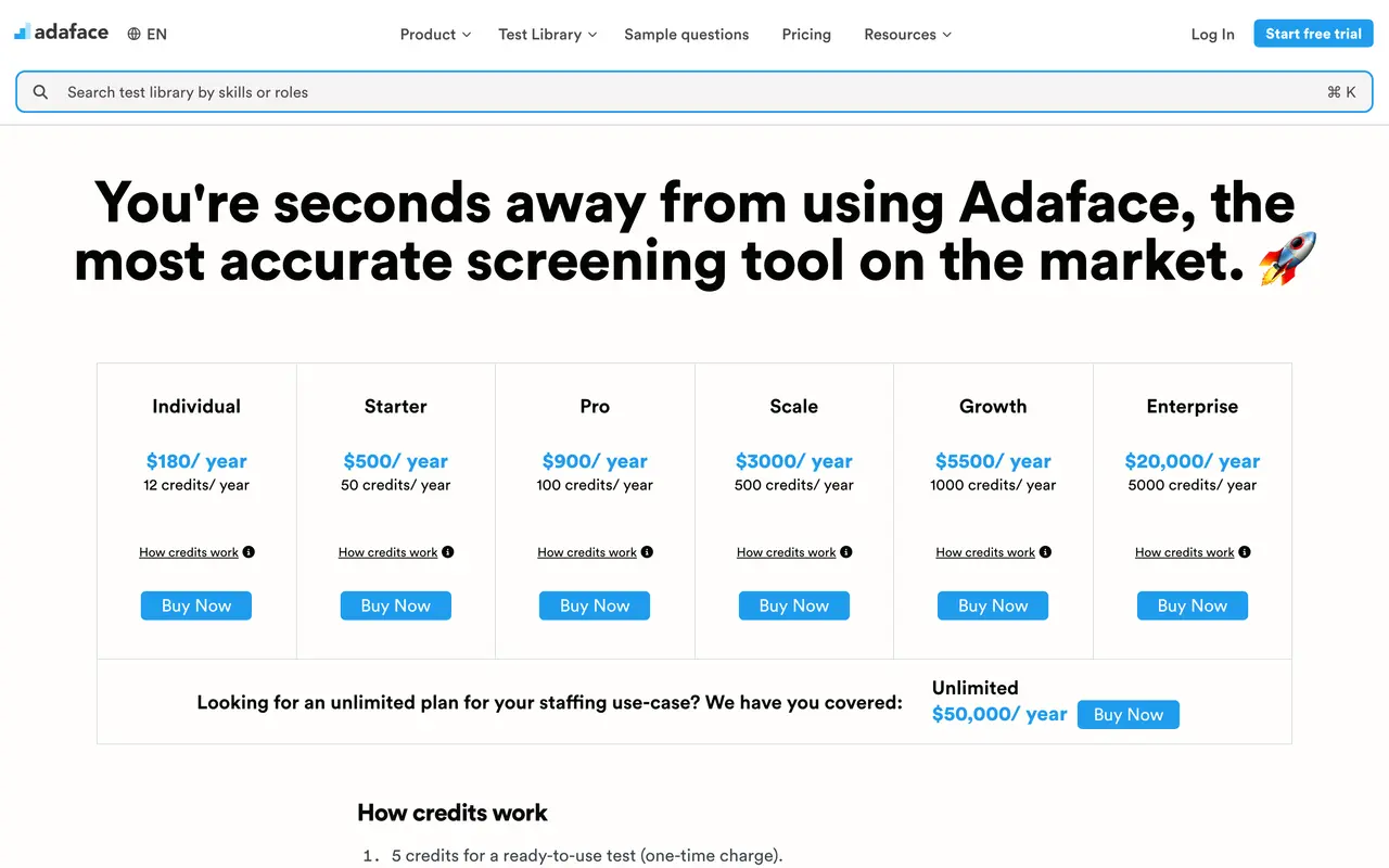 Adaface pricing screenshot