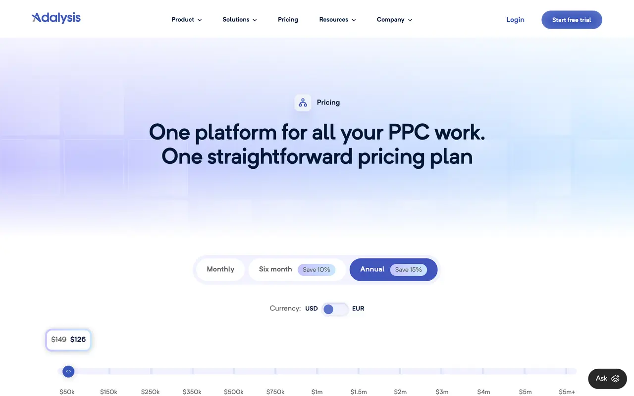 Adalysis pricing page - Advertising SaaS pricing tiers and plans