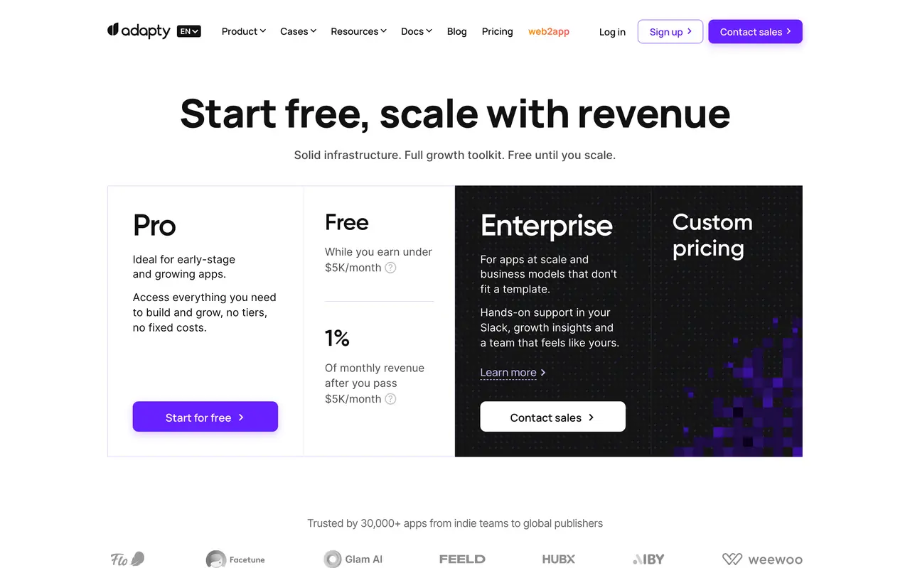Adapty pricing page - Subscription & Membership SaaS pricing tiers and plans