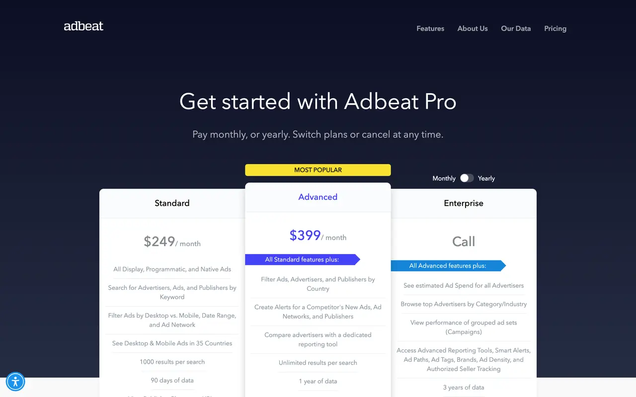 Adbeat pricing page - Advertising SaaS pricing tiers and plans
