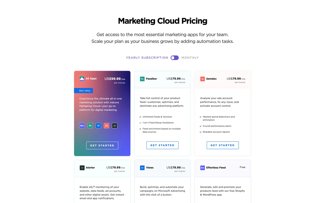 Adcore pricing page - Advertising SaaS pricing tiers and plans