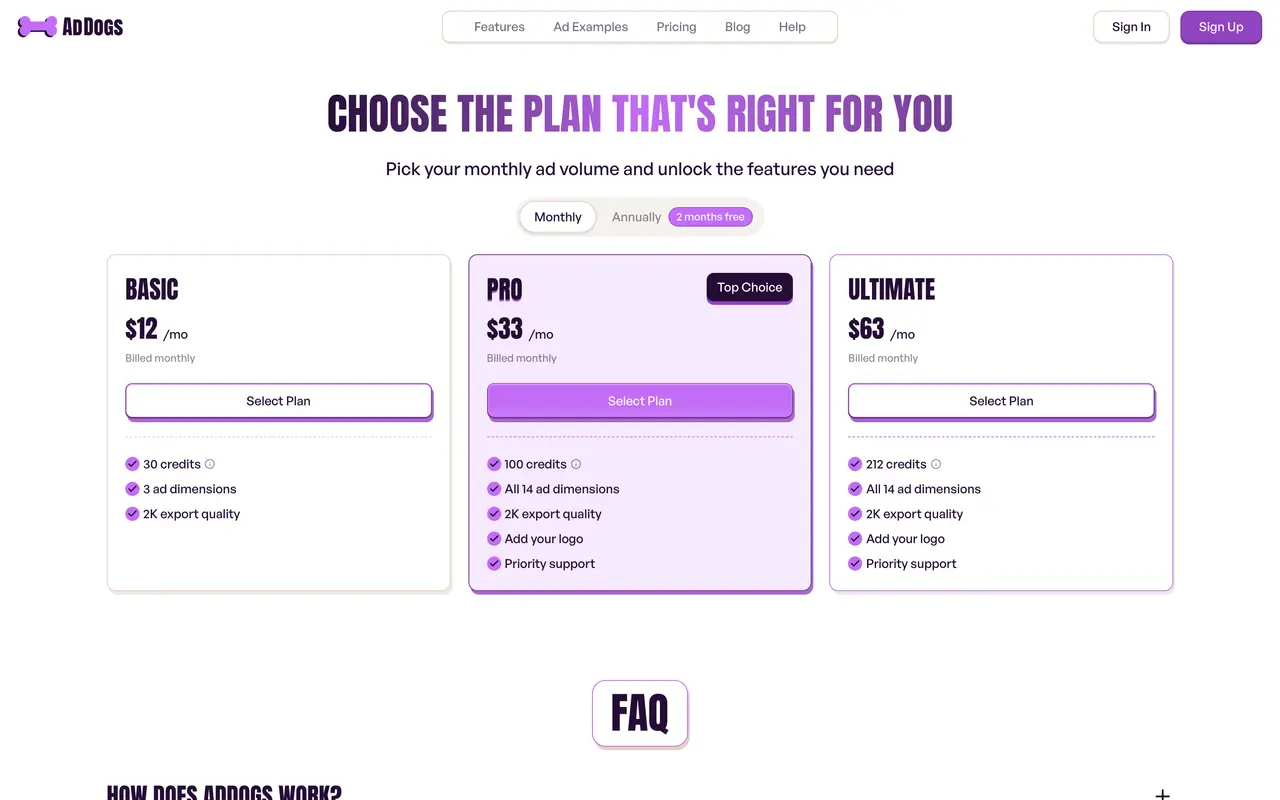 AdDogs pricing page - Design & Creative SaaS pricing tiers and plans