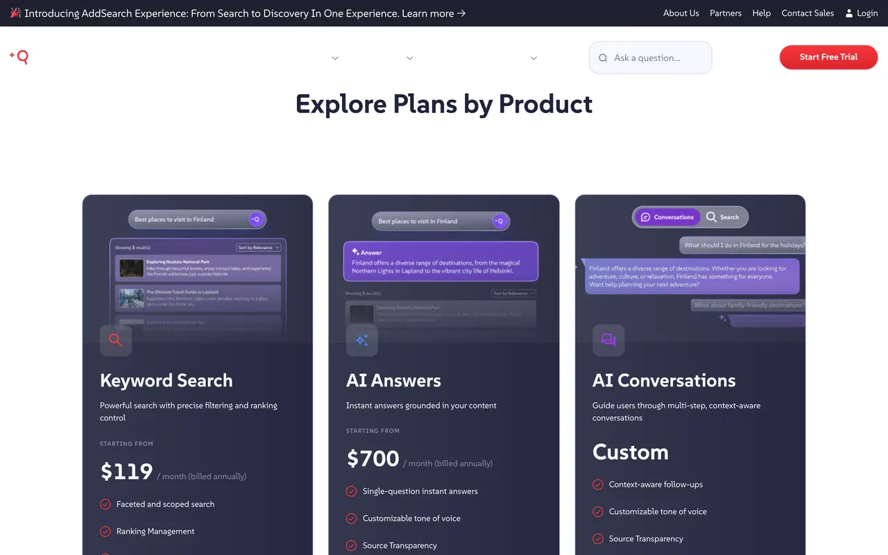 AddSearch pricing page - Site Search SaaS pricing tiers and plans