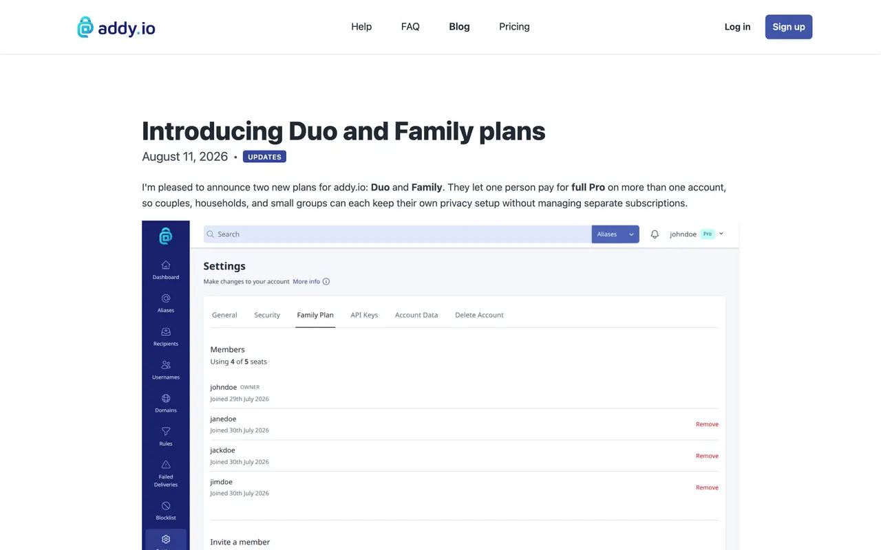 addy.io pricing page - Privacy SaaS pricing tiers and plans