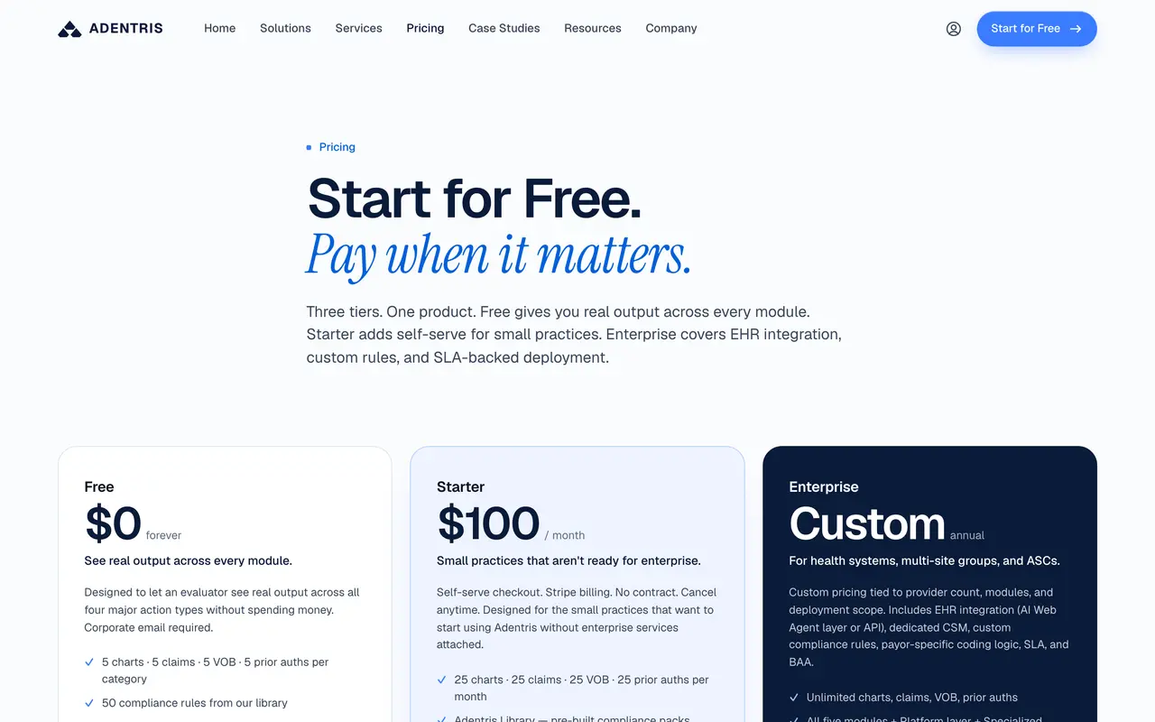 Adentris pricing page - AI Healthcare SaaS pricing tiers and plans