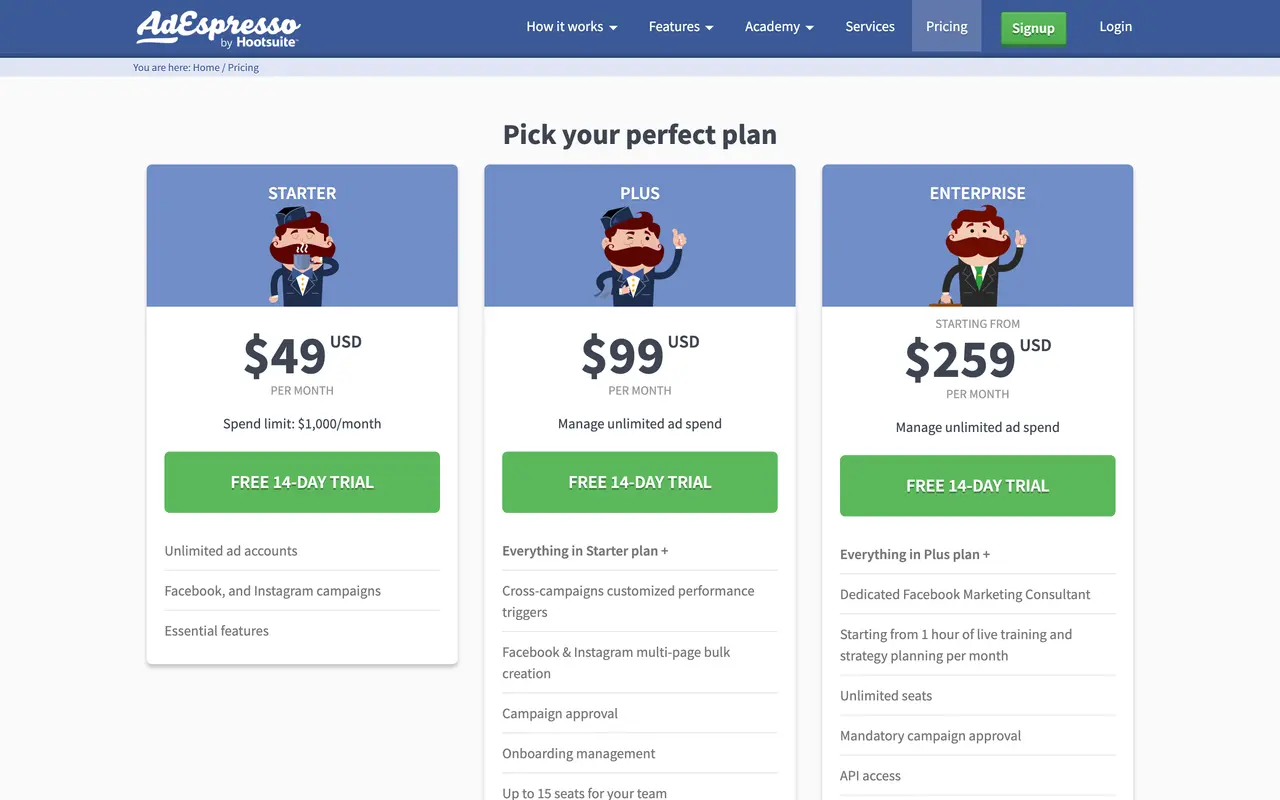 AdEspresso pricing page - Marketing SaaS pricing tiers and plans
