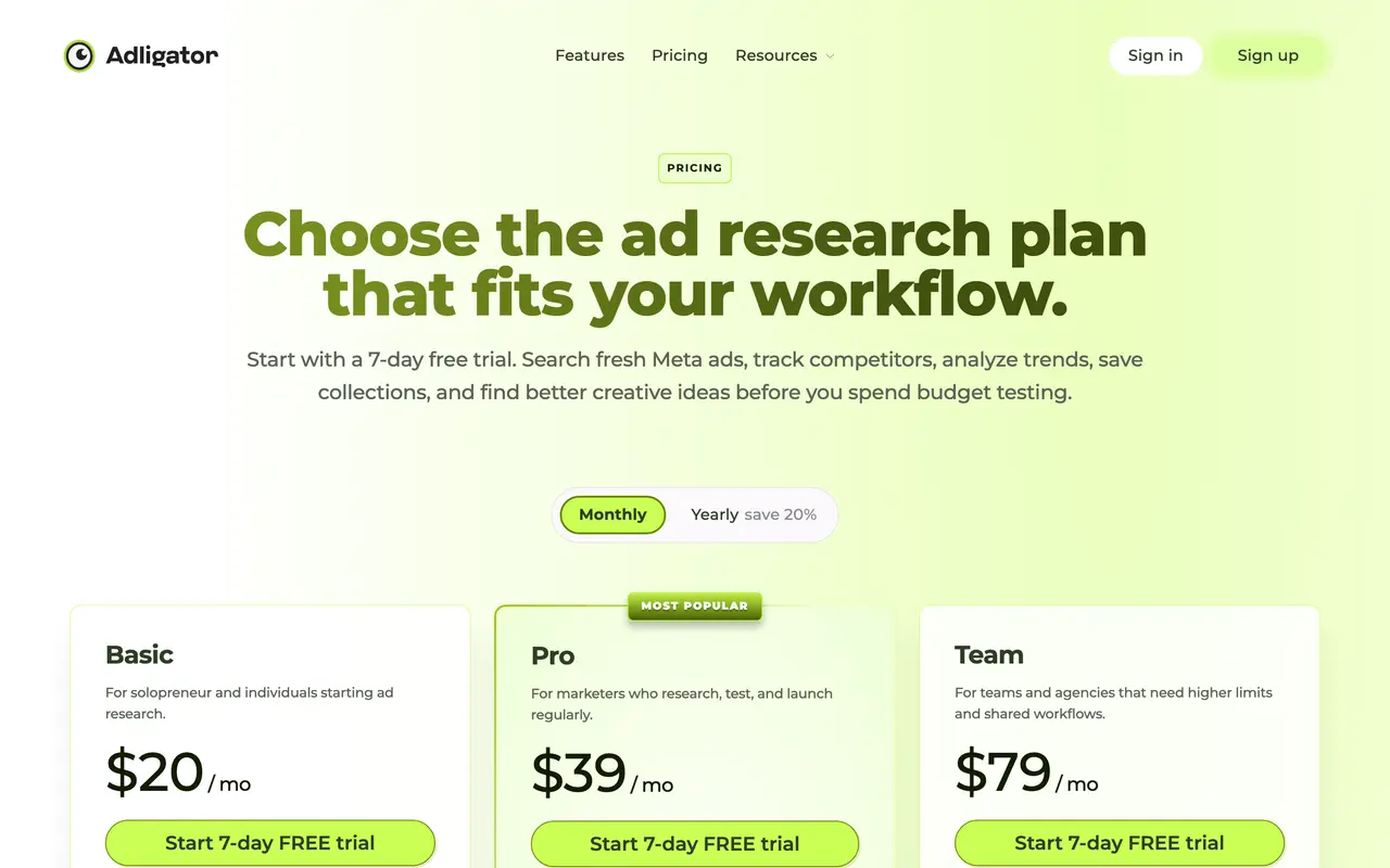 Adligator pricing page - API & Integration SaaS pricing tiers and plans