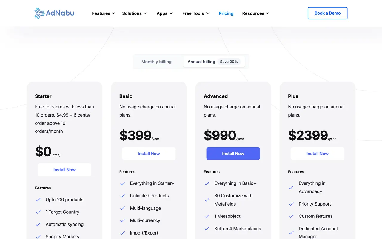 AdNabu pricing page - Product Feeds SaaS pricing tiers and plans