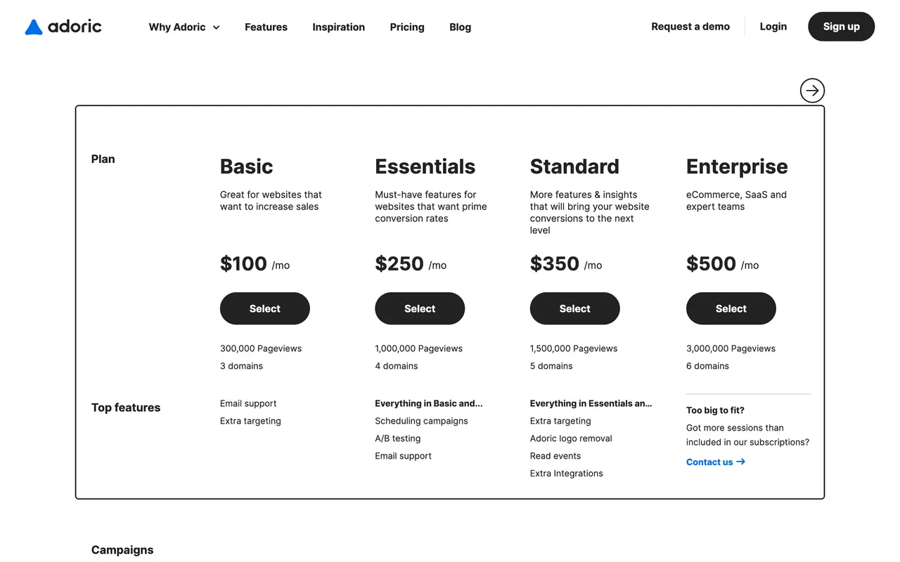 Adoric pricing page - Popups SaaS pricing tiers and plans
