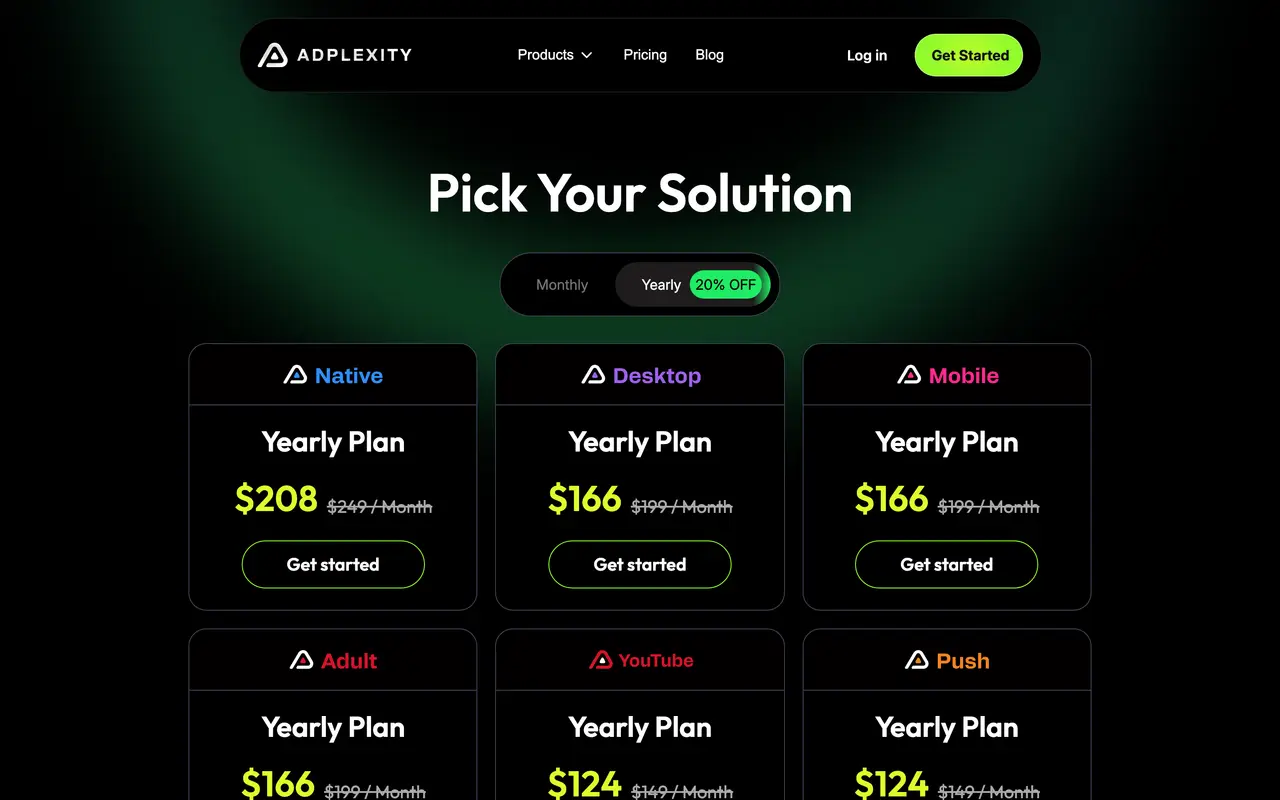 AdPlexity pricing page - Advertising SaaS pricing tiers and plans