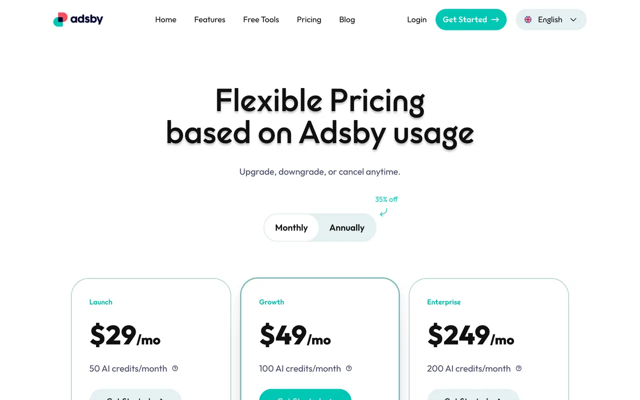 Adsby pricing screenshot