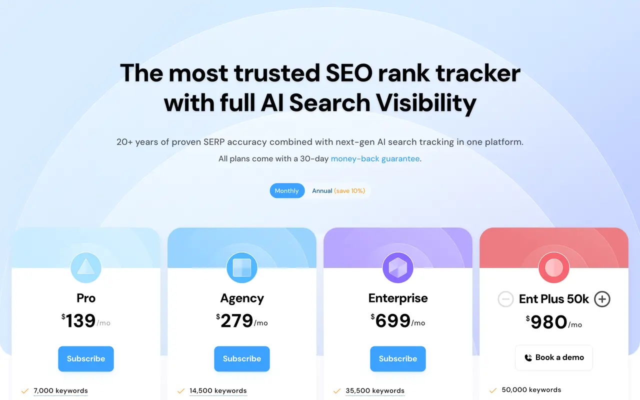 Advanced Web Ranking pricing page - SEO SaaS pricing tiers and plans