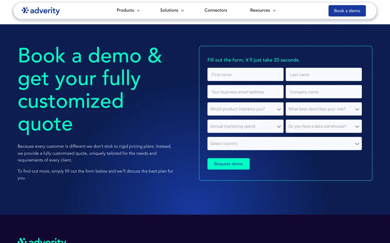 Adverity pricing page - Analytics & BI SaaS pricing tiers and plans