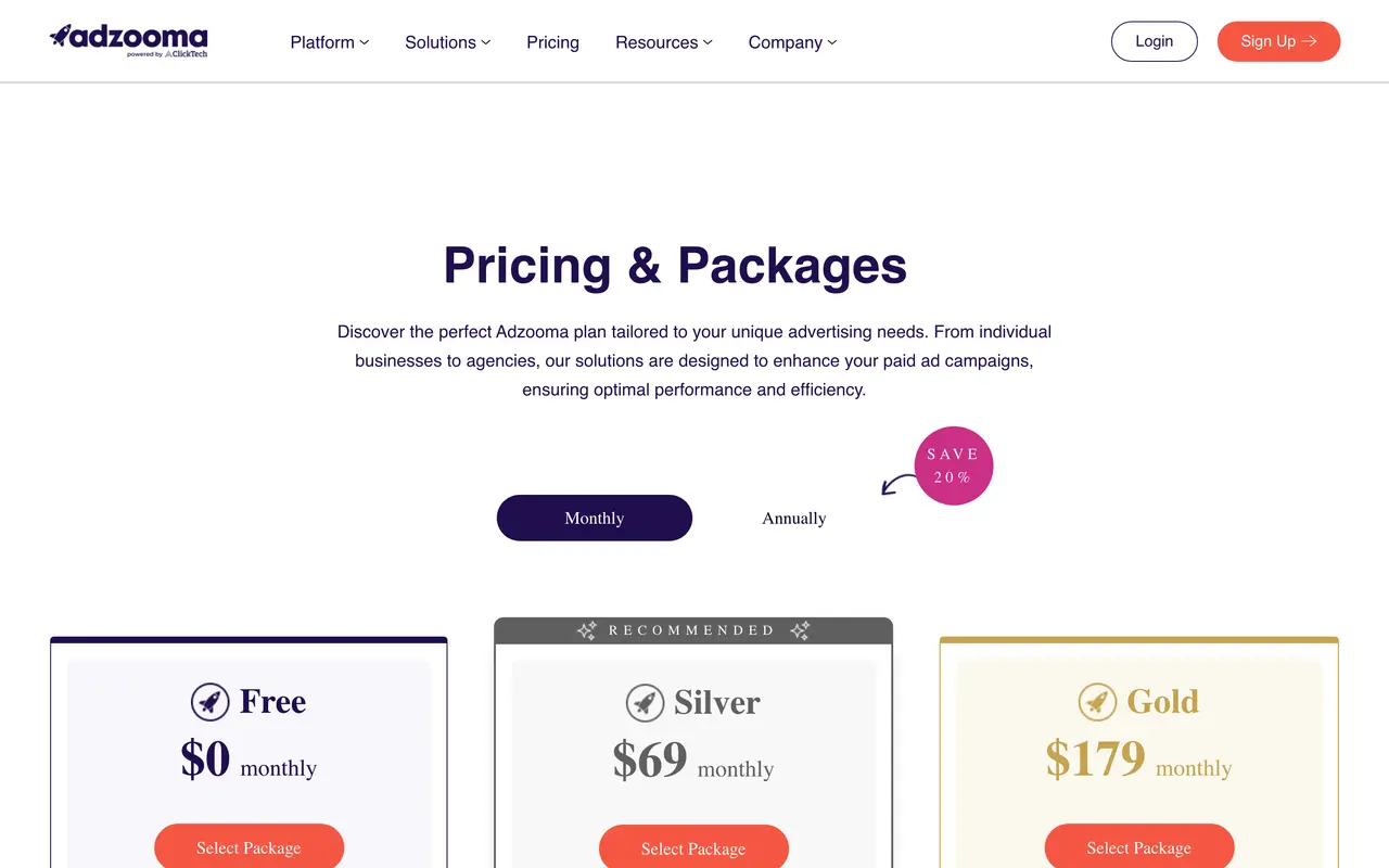 Adzooma pricing screenshot