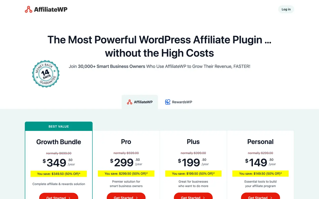 AffiliateWP pricing page - WordPress SaaS pricing tiers and plans