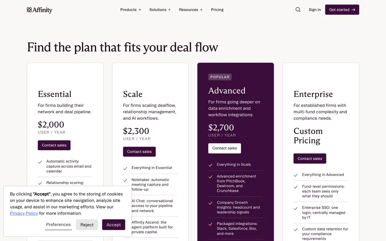 Affinity pricing page - CRM & Sales SaaS pricing tiers and plans