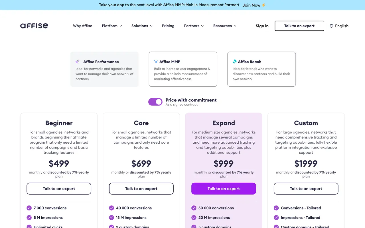 Affise pricing page - Affiliate SaaS pricing tiers and plans