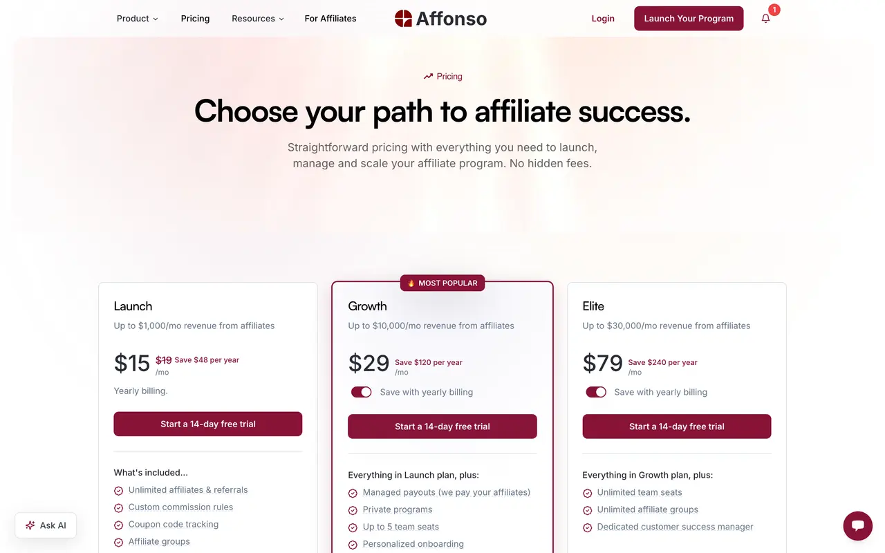 Affonso pricing page - Affiliate & Partner SaaS pricing tiers and plans