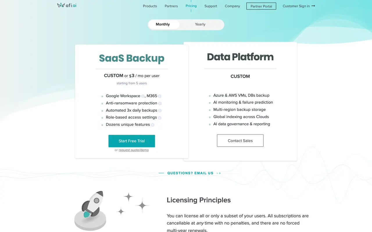 Afi pricing page - Storage & Backup SaaS pricing tiers and plans